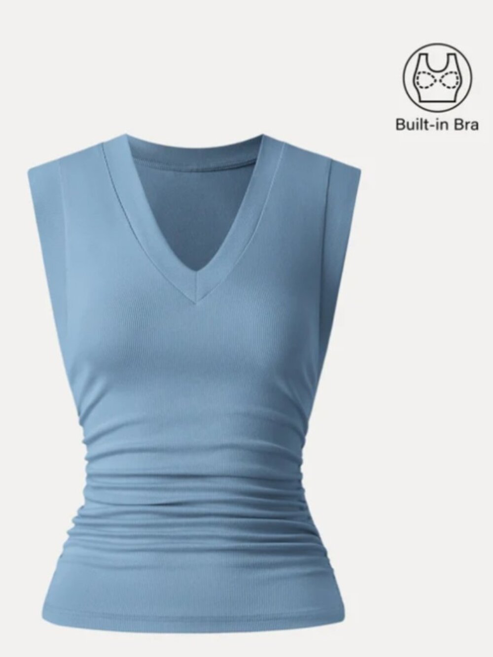 Stretch Cotton V-neck Side Ruched Muscle Bra Top- Dusk Blue